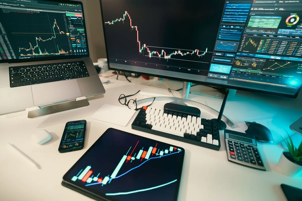 Trading desk dashboards showing live financial market data.